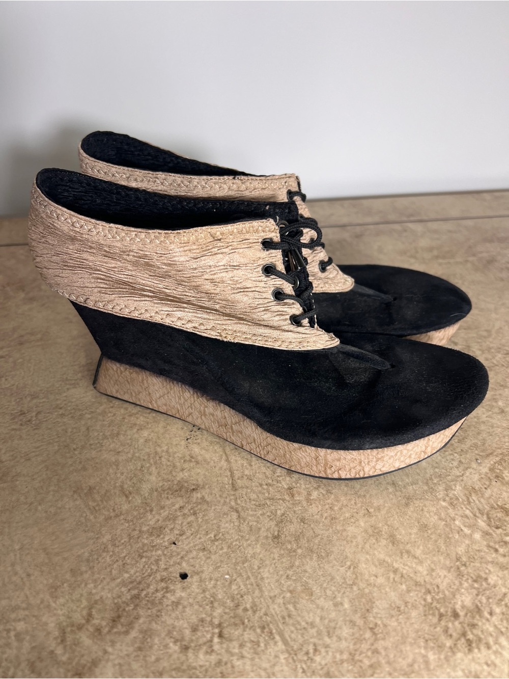 Black and Tan Lace-Up Wedge Heels for Women